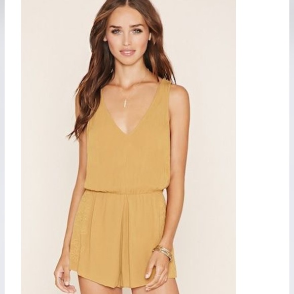 Forever 21 Pants - NWT Yellow Romper with Floral Embroidery